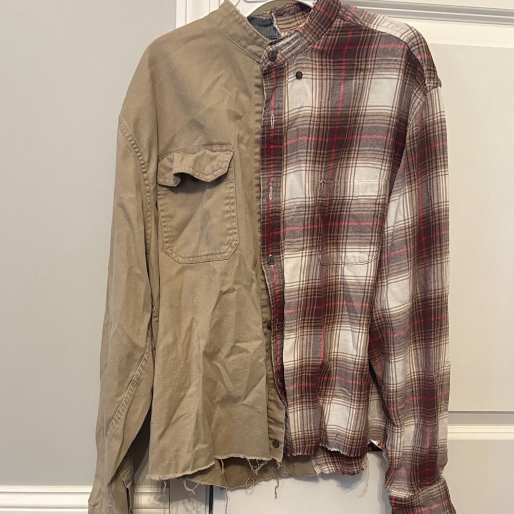 Two-Tone Plaid and Khaki Button-Up Shirt
